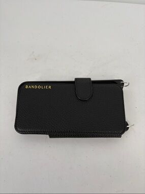 👜 Bandolier Black pebbled Leather Wallet Phone Case with Gold Logo